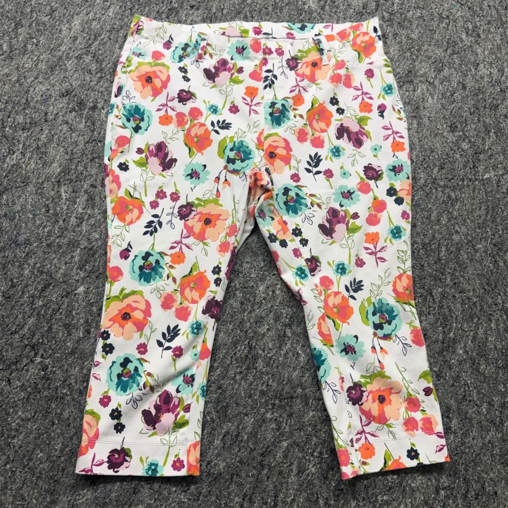 Terra & Sky Womens 2X Arctic White Floral Capri Pants Stretch Pull On TS19744PR